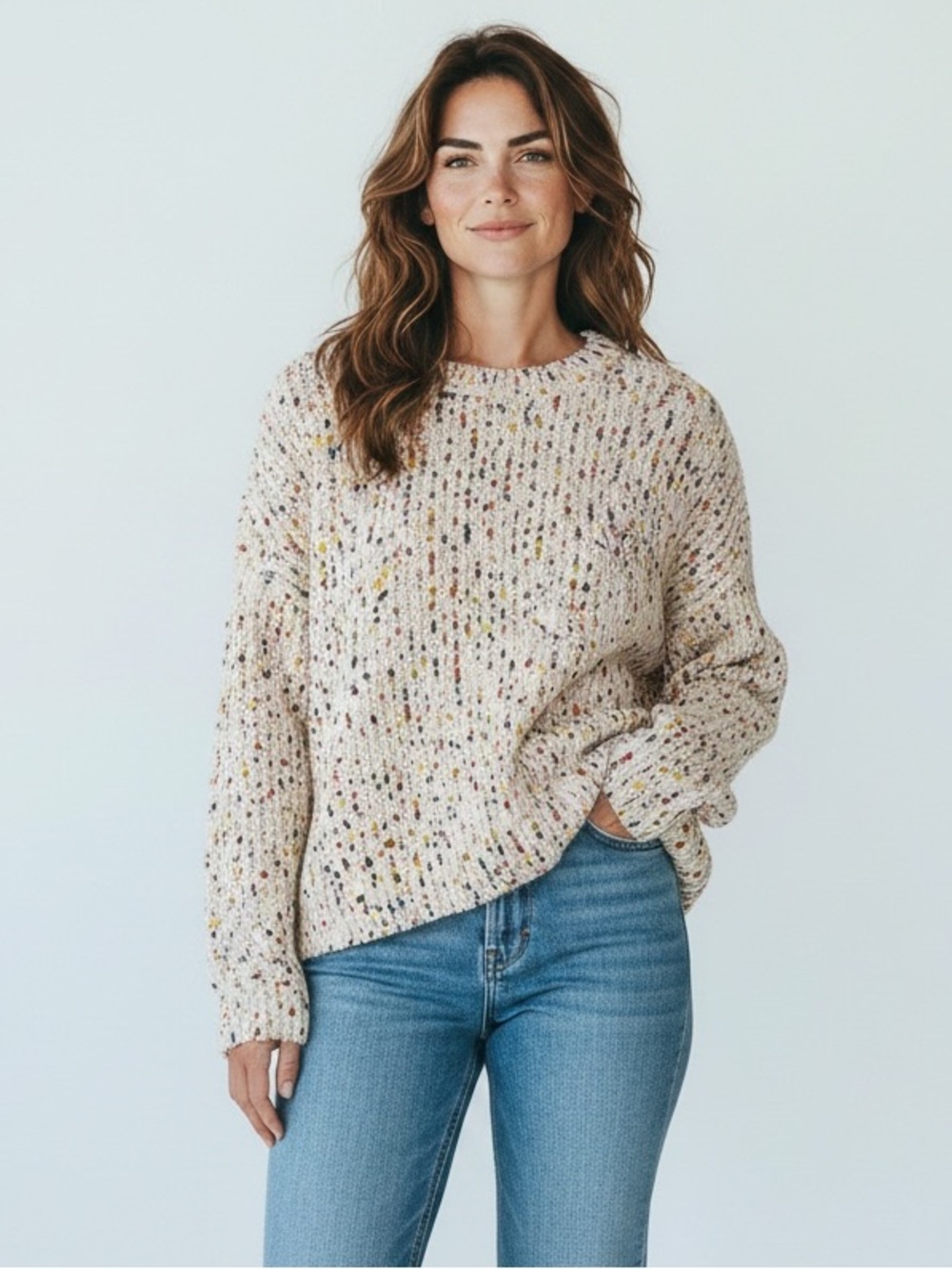 Generational Women’s Large Cream Speckled Crewneck Cropped Sweater Cozy Knit Top